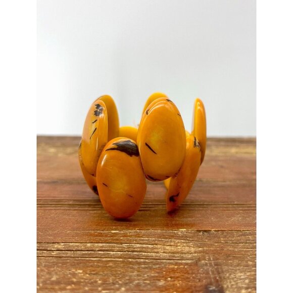 Tagua Nut Wide Cuff Bracelet Orange Almond Shape Handmade Ecuador - Picture 5 of 10